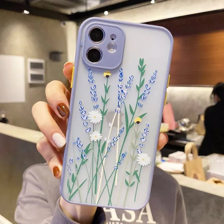 Slim floral cartoon design TPU phone case with matte frame for iPhone, shown in pink lavender colour.