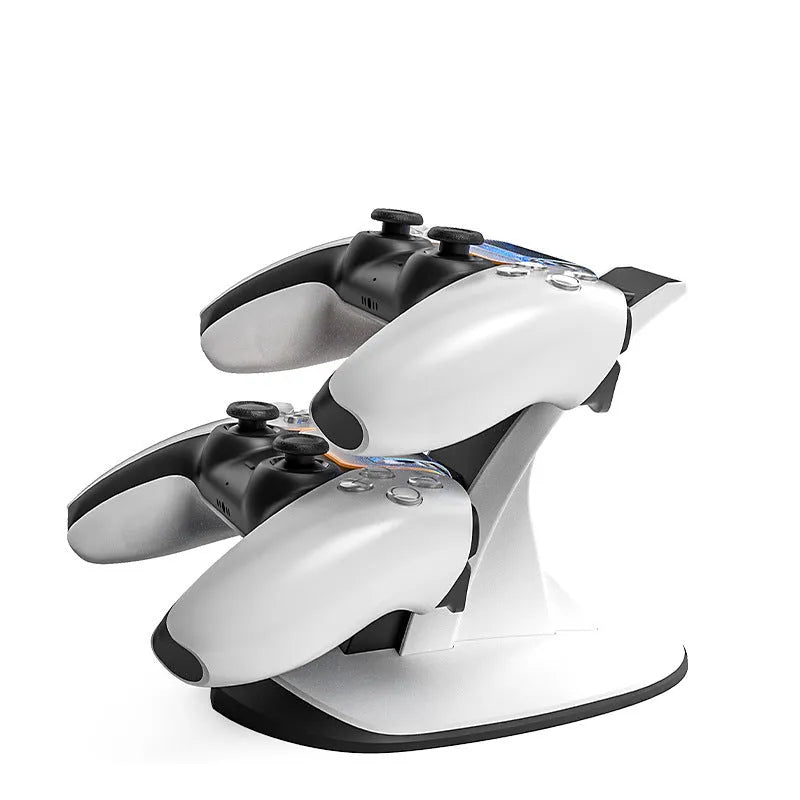 White PS5 dual charger station for two wireless controllers with Type-C interface