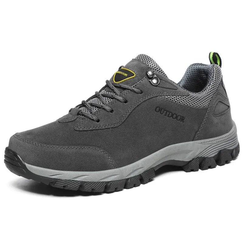 Men's large size hiking shoes in army green colour with low-top design and viscose soles