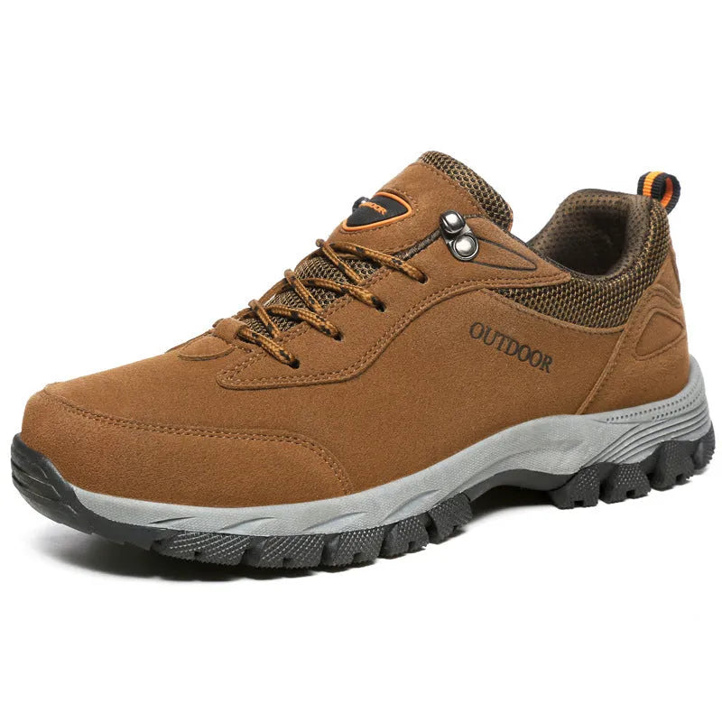 Men's large size hiking shoes in army green colour with low-top design and viscose soles