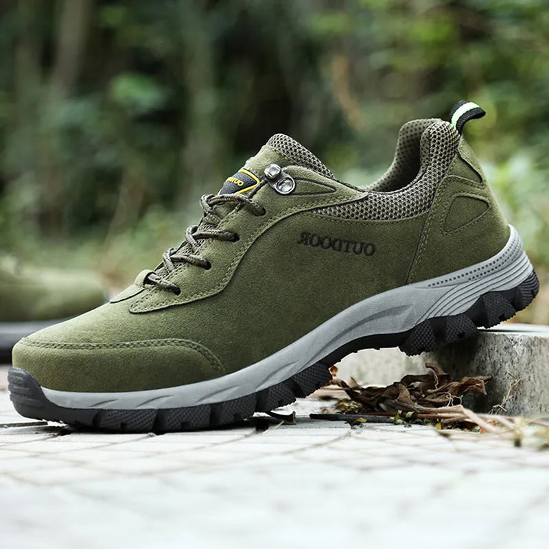 Men's large size hiking shoes in army green colour with low-top design and viscose soles