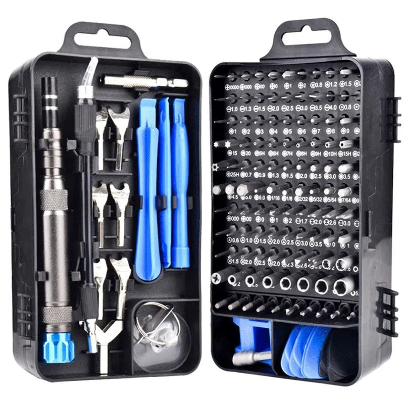 135 in 1 S2 steel magnetic insulated screwdriver set for mobile phone, watch, and glasses repair with black blue aluminium handle