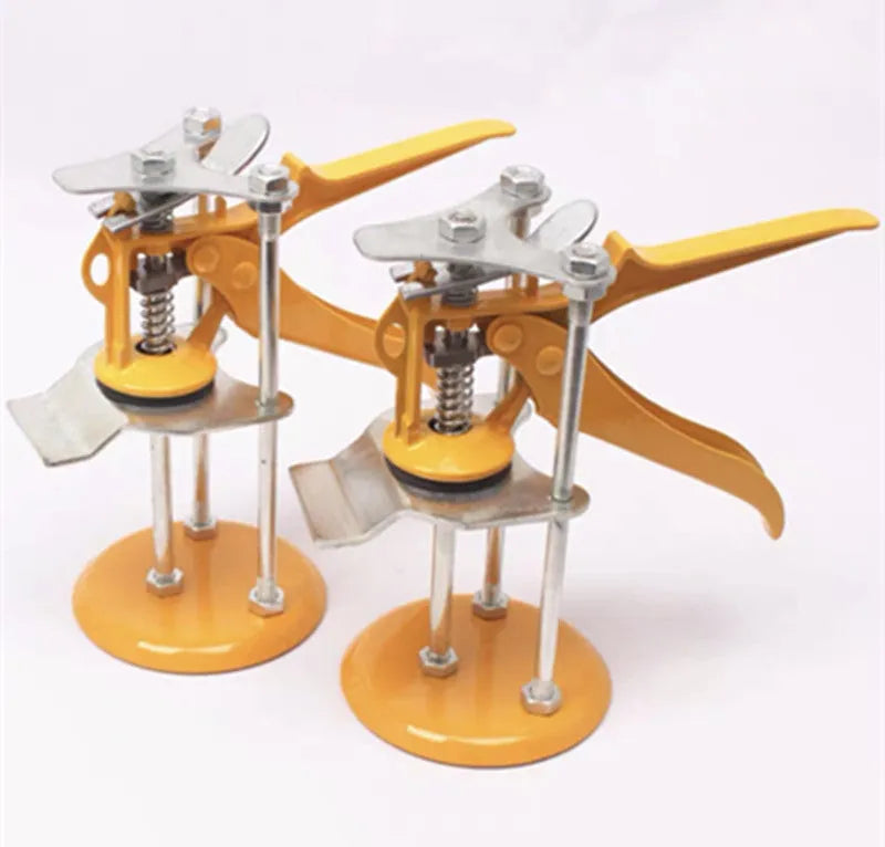 Metal tile raising positioner tool with adjustable height mechanism for concrete processing.