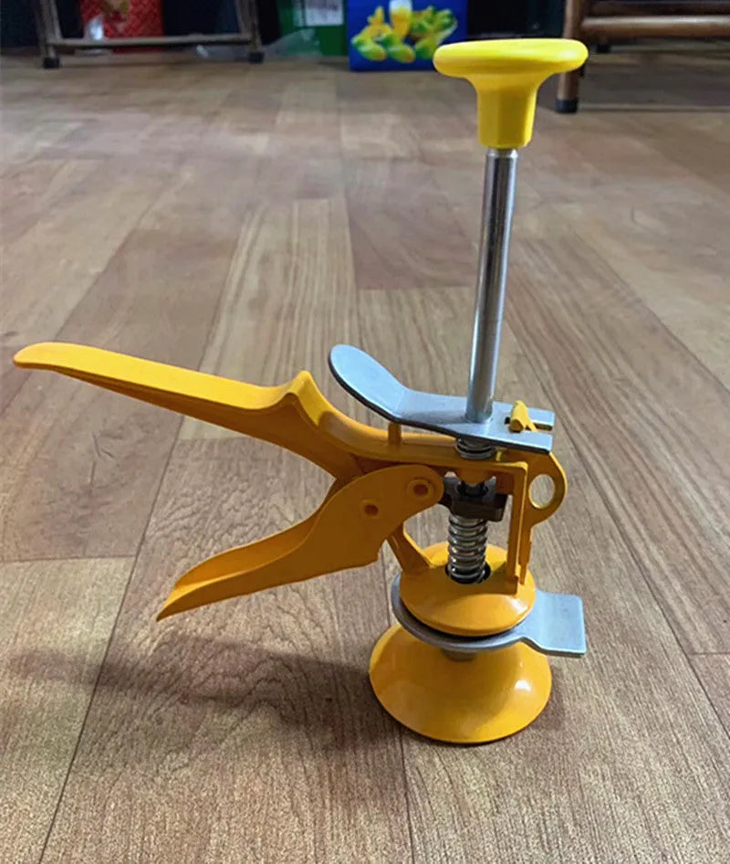 Metal tile raising positioner tool with adjustable height mechanism for concrete processing.