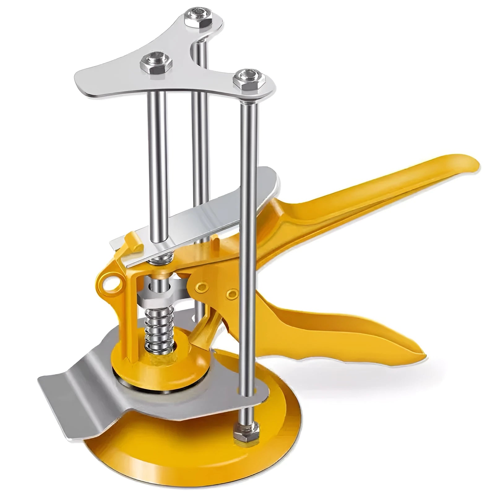 Metal tile raising positioner tool with adjustable height mechanism for concrete processing.