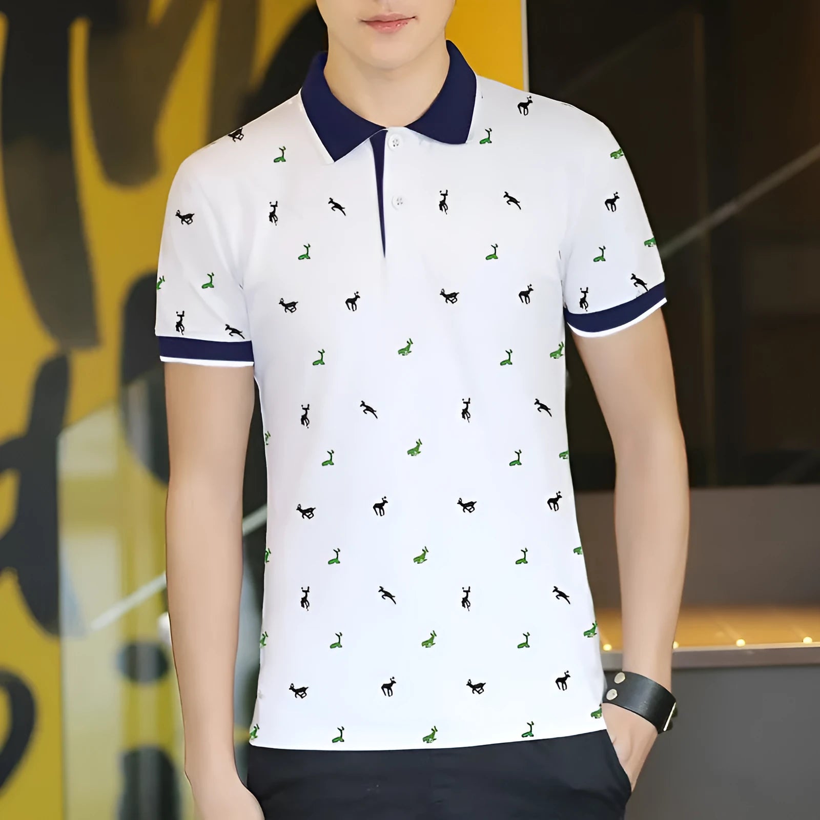 Men's short sleeve polo shirt with fawn print, lapel collar, in white, gray, dark blue, or sapphire