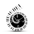 Irregular shaped black and white wall clock with treble clef, piano keyboard, and musical note decoration.