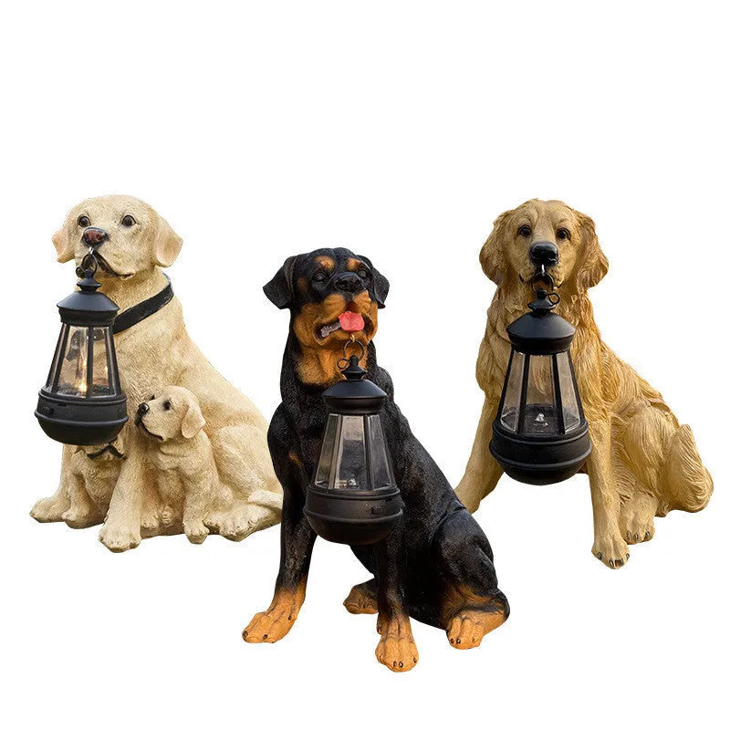 LED solar light dog lantern sculpture in Golden Retriever style on a garden lawn, resin craft with warm glow at night