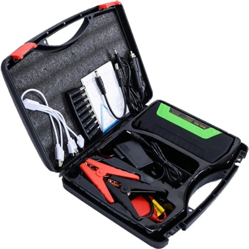 Multi-function car jump starter and portable power bank with LED light, 165x79x40mm, available in green red yellow