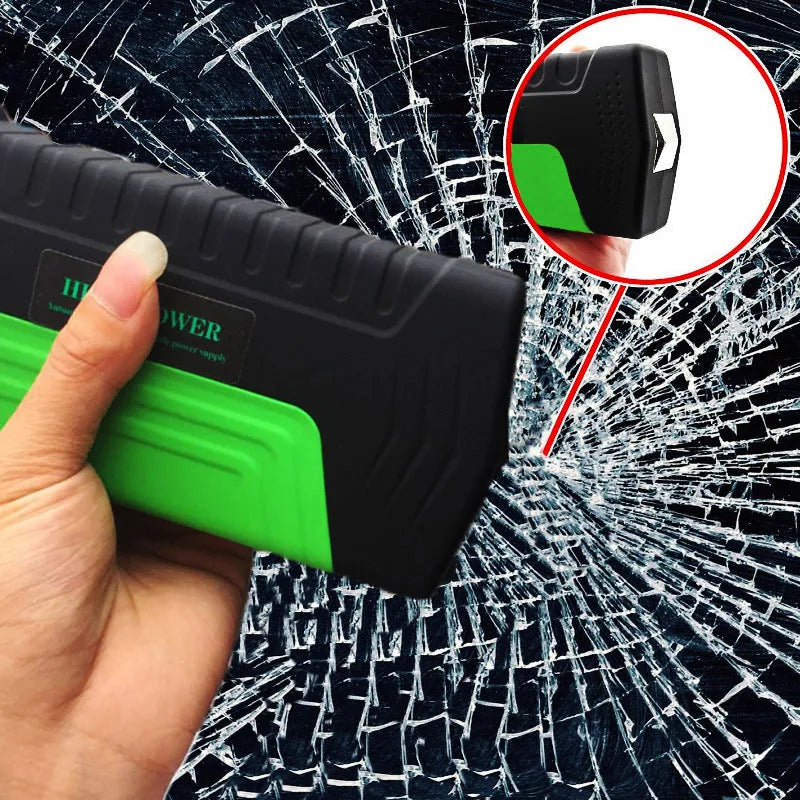 Multi-function car jump starter and portable power bank with LED light, 165x79x40mm, available in green red yellow
