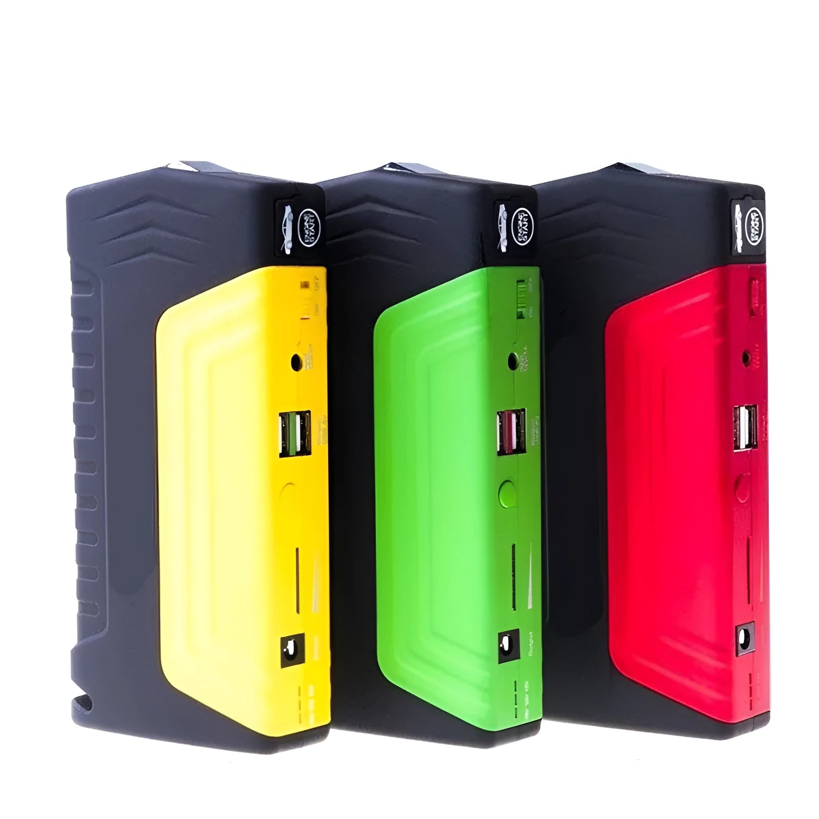Multi-function car jump starter and portable power bank with LED light, 165x79x40mm, available in green red yellow