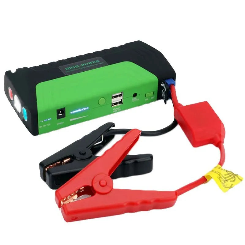 Multi-function car jump starter and portable power bank with LED light, 165x79x40mm, available in green red yellow