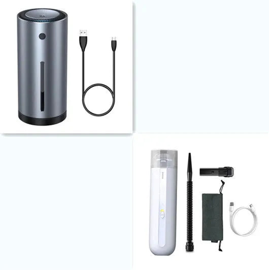 Baseus wireless handheld car vacuum cleaner in black, white, or green with blowing hose accessory.