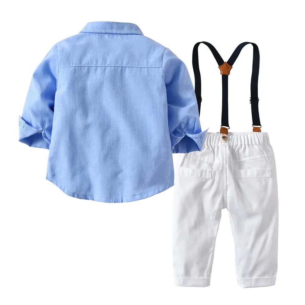 A boy's blue or white gentleman bib pant suit with long sleeves, trousers, and a matching bow tie.
