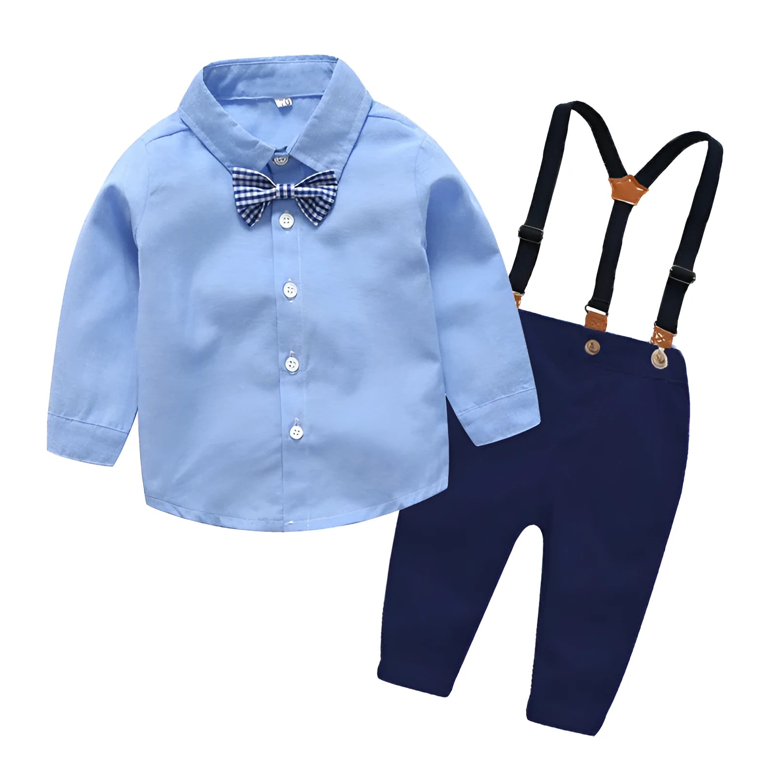 A boy's blue or white gentleman bib pant suit with long sleeves, trousers, and a matching bow tie.