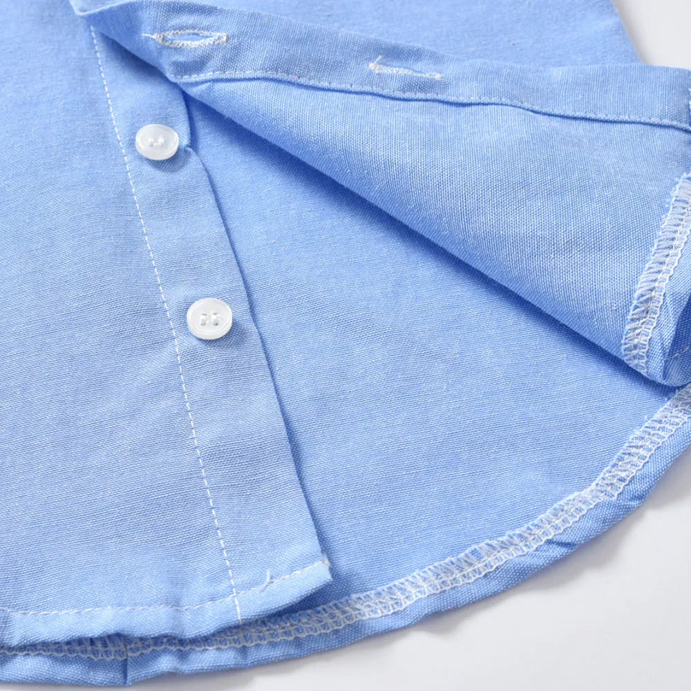 A boy's blue or white gentleman bib pant suit with long sleeves, trousers, and a matching bow tie.