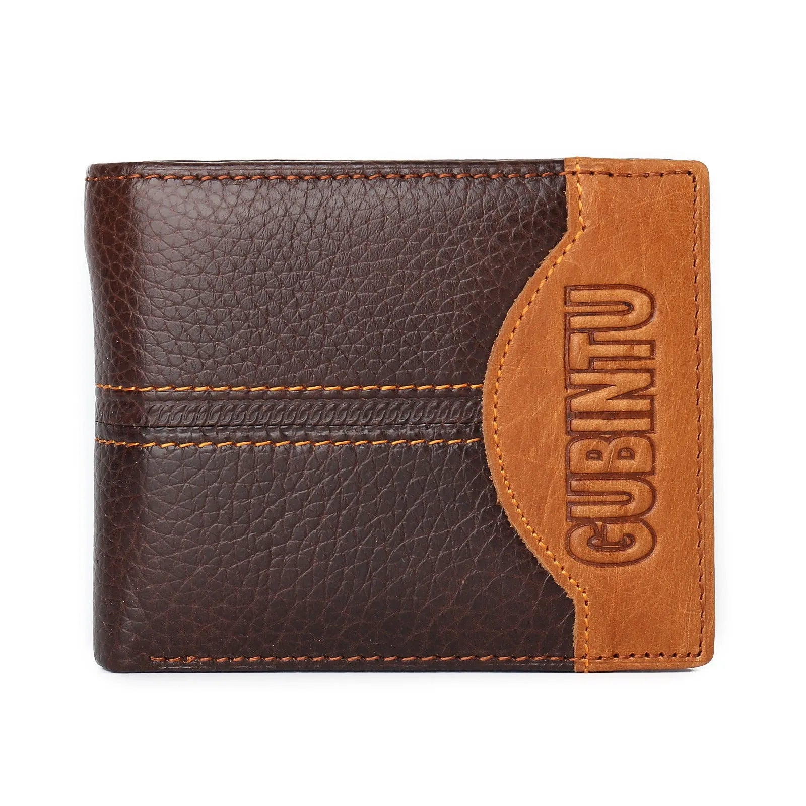 Genuine leather men's bifold patchwork wallet in cowhide with multiple card slots