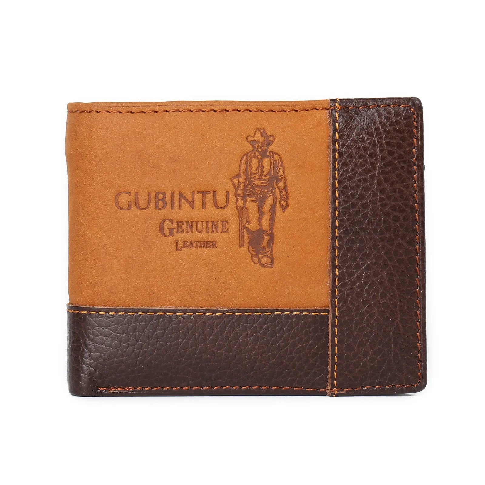 Genuine leather men's bifold patchwork wallet in cowhide with multiple card slots