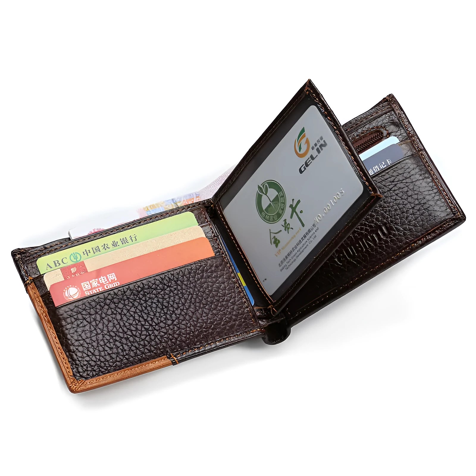 Genuine leather men's bifold patchwork wallet in cowhide with multiple card slots