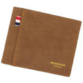 Men's retro-style tri-fold wallet shown in black, navy blue, dark brown, and light brown colour options.