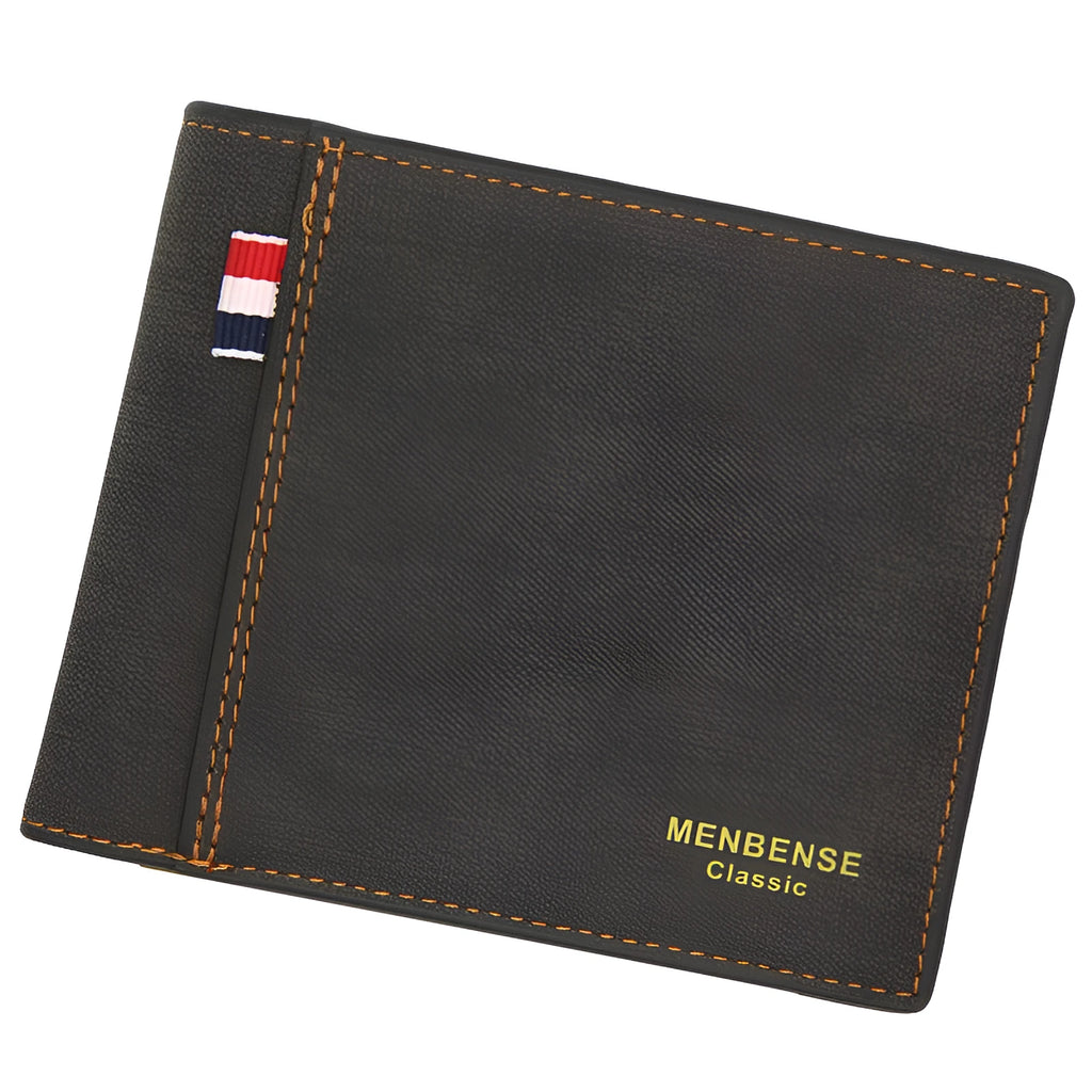 Men's retro-style tri-fold wallet shown in black, navy blue, dark brown, and light brown colour options.