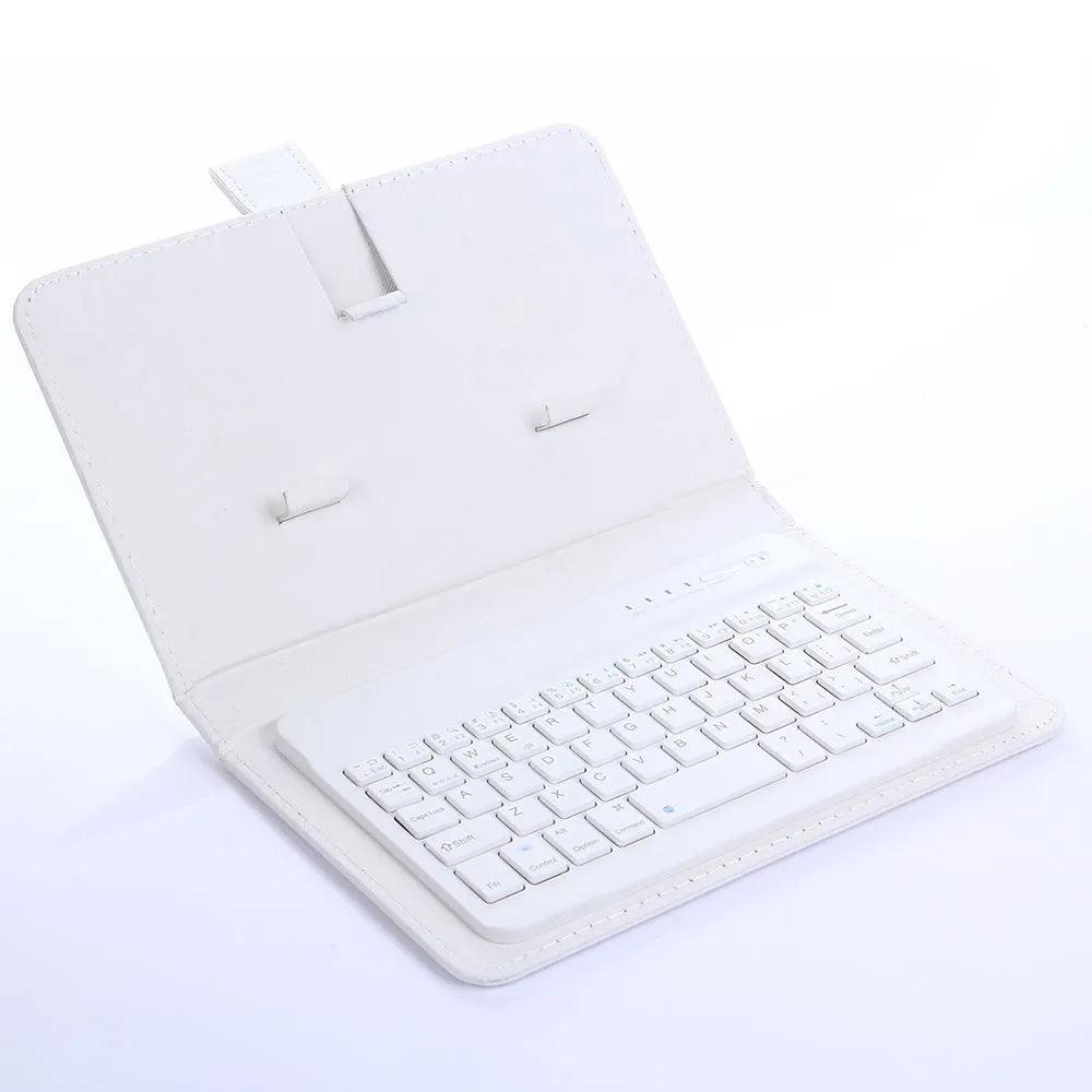 Black Bluetooth keyboard inside a leather holster case for mobile phones, shown with phone stand function engaged.