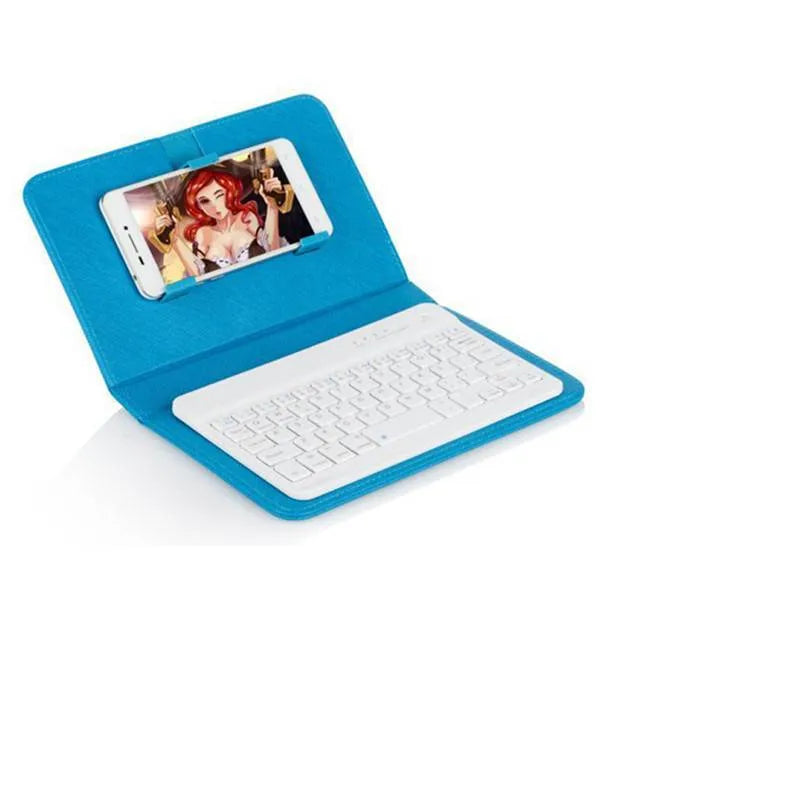 Black Bluetooth keyboard inside a leather holster case for mobile phones, shown with phone stand function engaged.