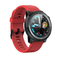 Black or red Android smart watch with round IP68 waterproof touchscreen and silicone strap.