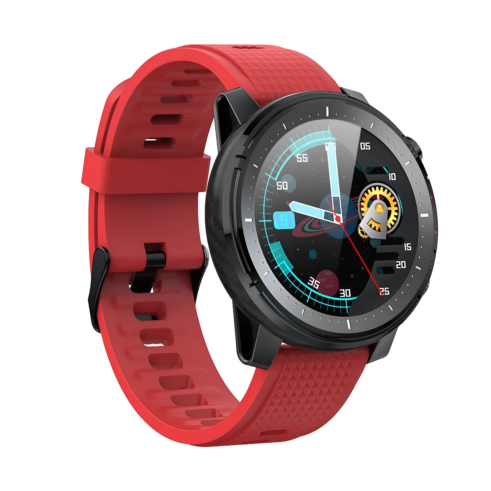 Black or red Android smart watch with round IP68 waterproof touchscreen and silicone strap.