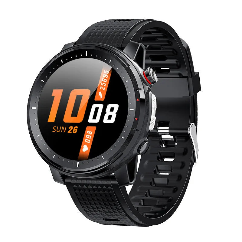 Black or red Android smart watch with round IP68 waterproof touchscreen and silicone strap.