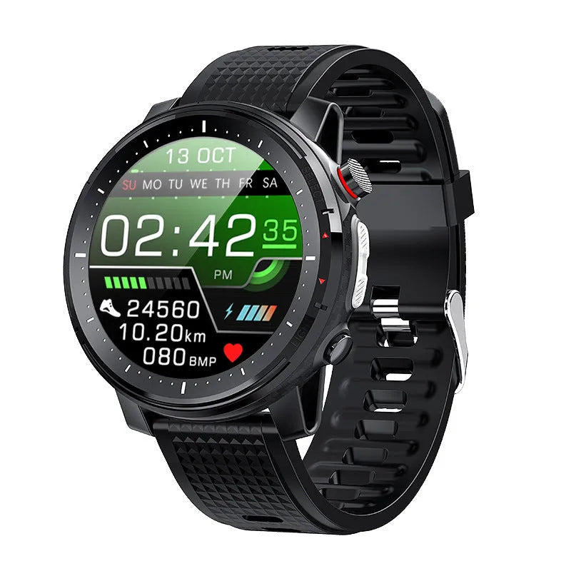 Black or red Android smart watch with round IP68 waterproof touchscreen and silicone strap.