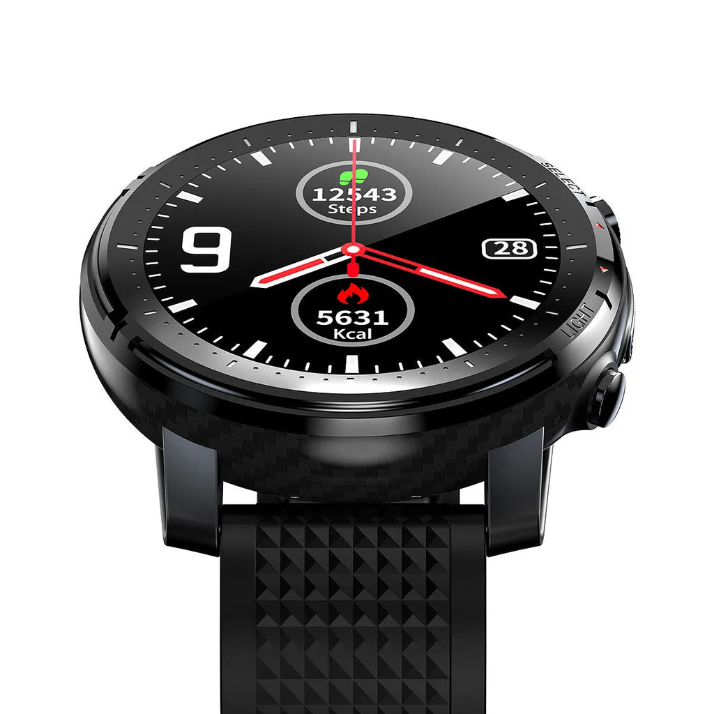 Black or red Android smart watch with round IP68 waterproof touchscreen and silicone strap.