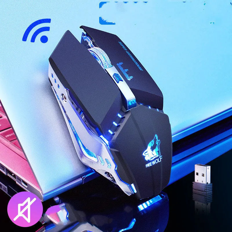 Rechargeable wireless gaming mouse in black colour with six buttons and scroll wheel.