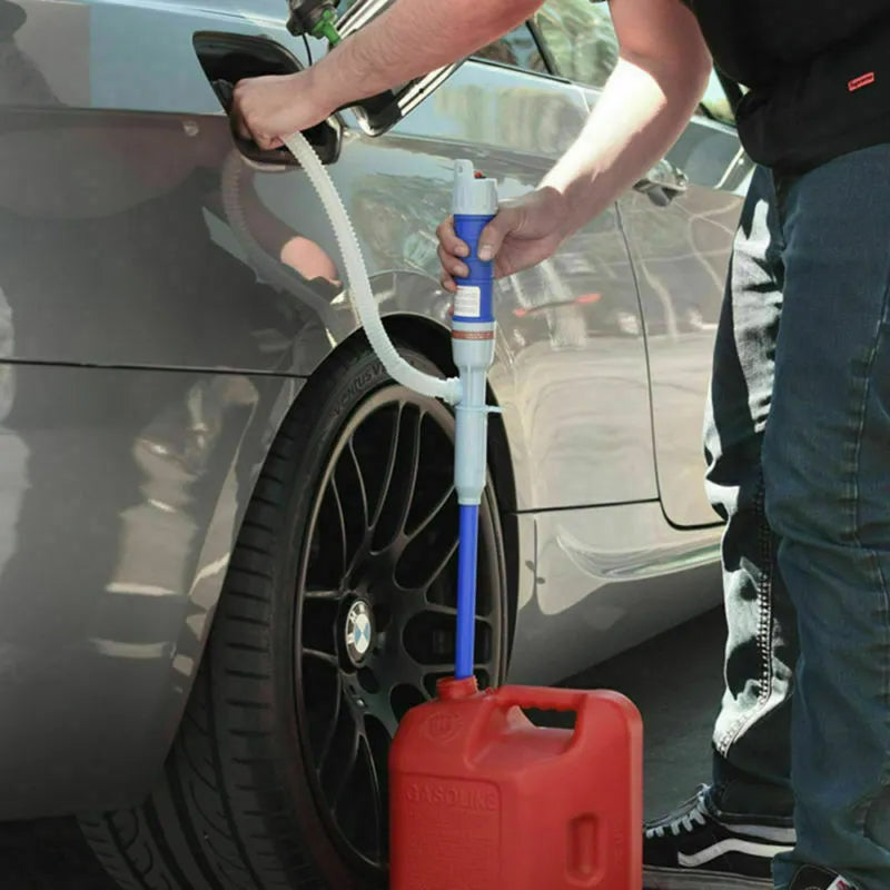 Blue and red manual hand siphon pump for fuel and liquid transfer.