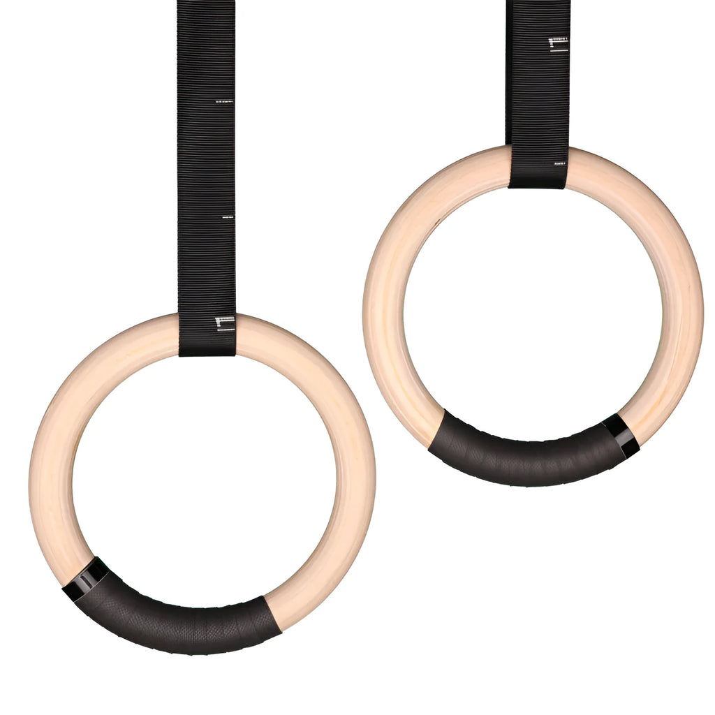 Birch gymnastics rings with 4.5m nylon strap, available in 28mm and 32mm wooden ring options