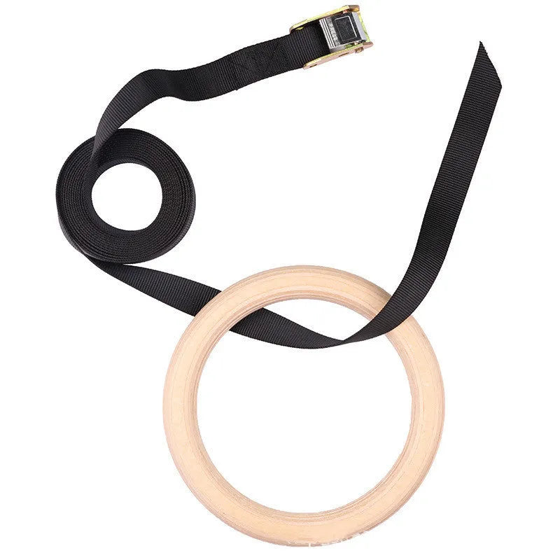 Birch gymnastics rings with 4.5m nylon strap, available in 28mm and 32mm wooden ring options
