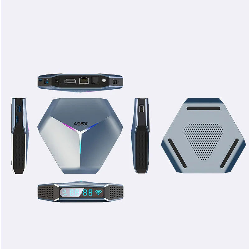 Android 8K network set-top box with remote control, HDMI cable, and power adapter on a table.