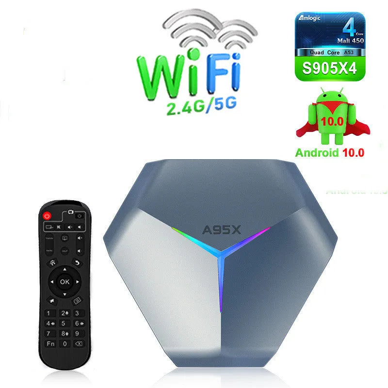 Android 8K network set-top box with remote control, HDMI cable, and power adapter on a table.