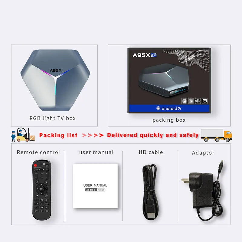 Android 8K network set-top box with remote control, HDMI cable, and power adapter on a table.