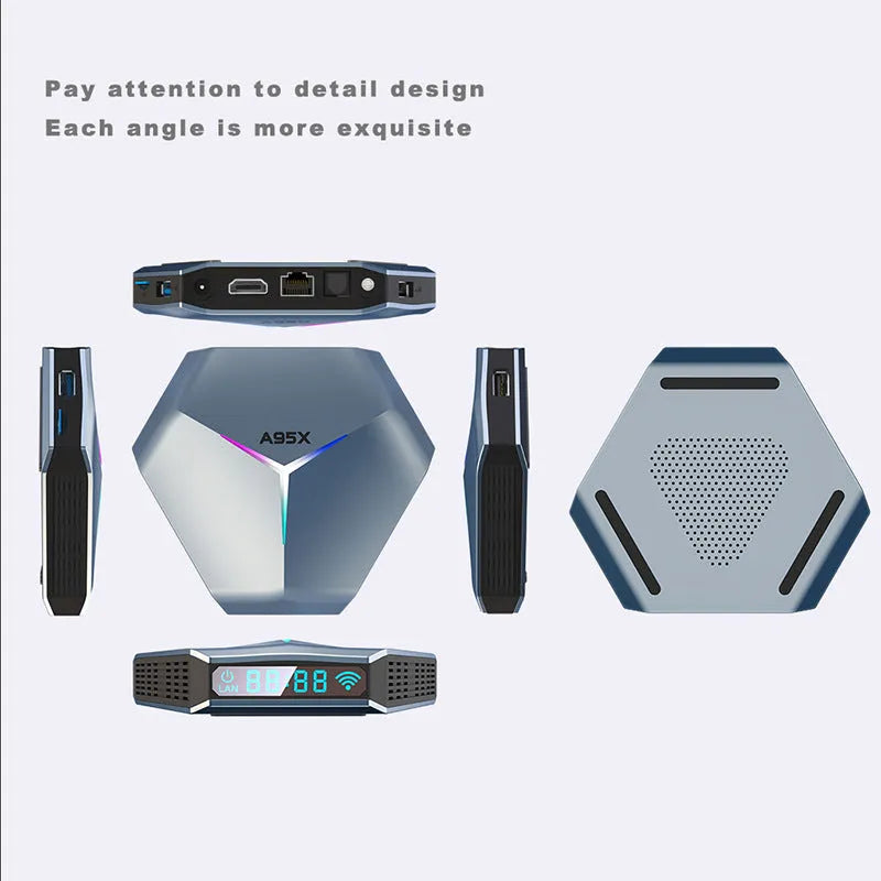 Android 8K network set-top box with remote control, HDMI cable, and power adapter on a table.
