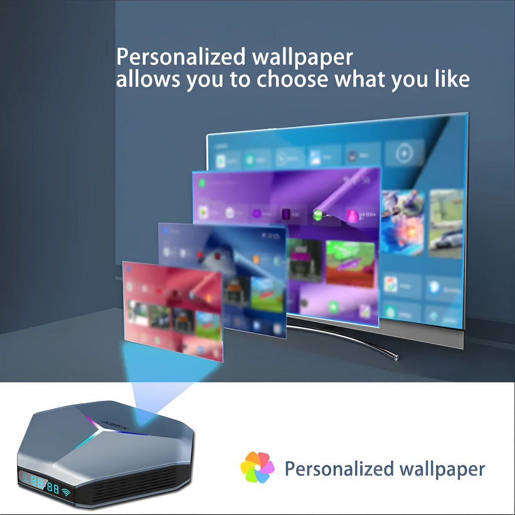 Android 8K network set-top box with remote control, HDMI cable, and power adapter on a table.
