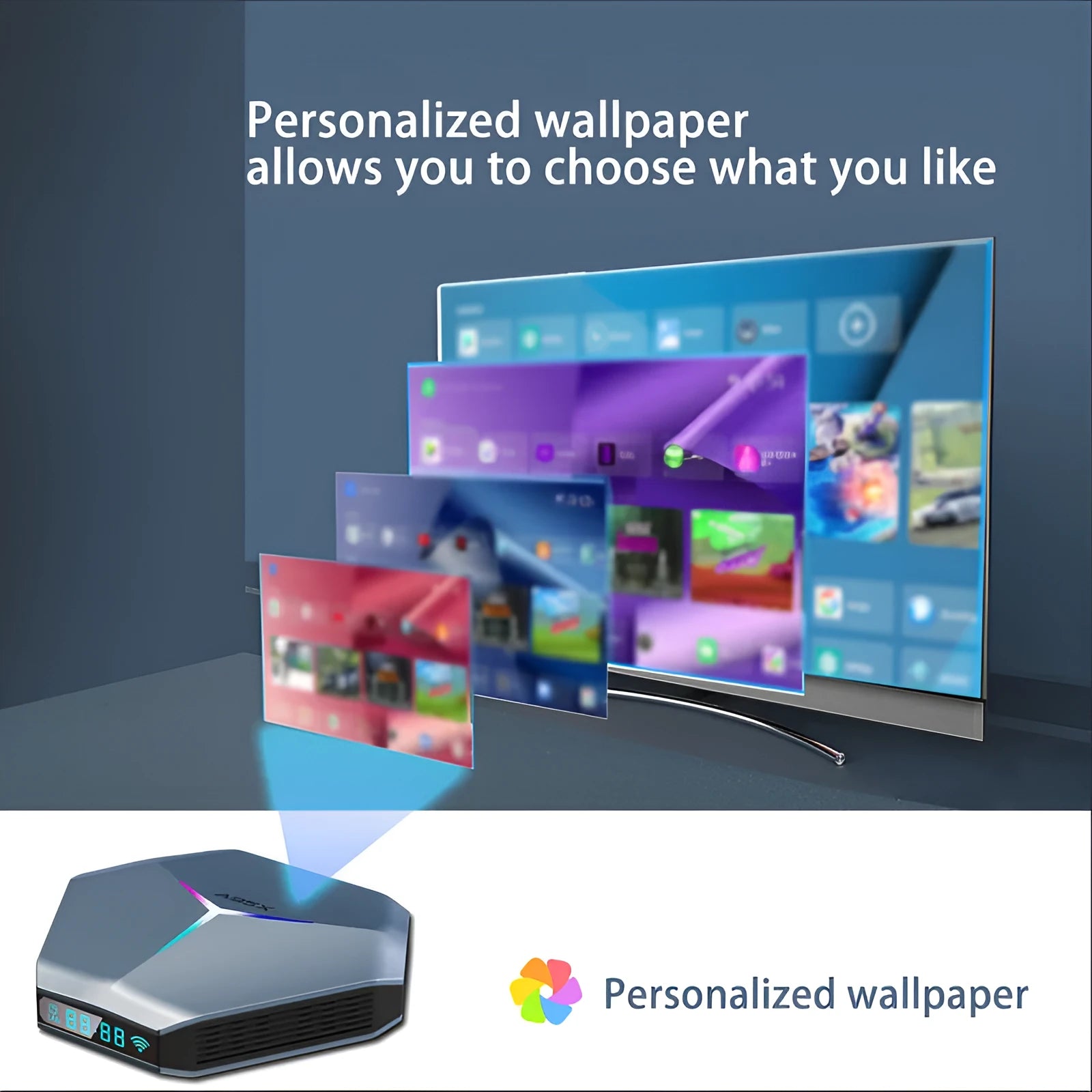 Android 8K network set-top box with remote control, HDMI cable, and power adapter on a table.