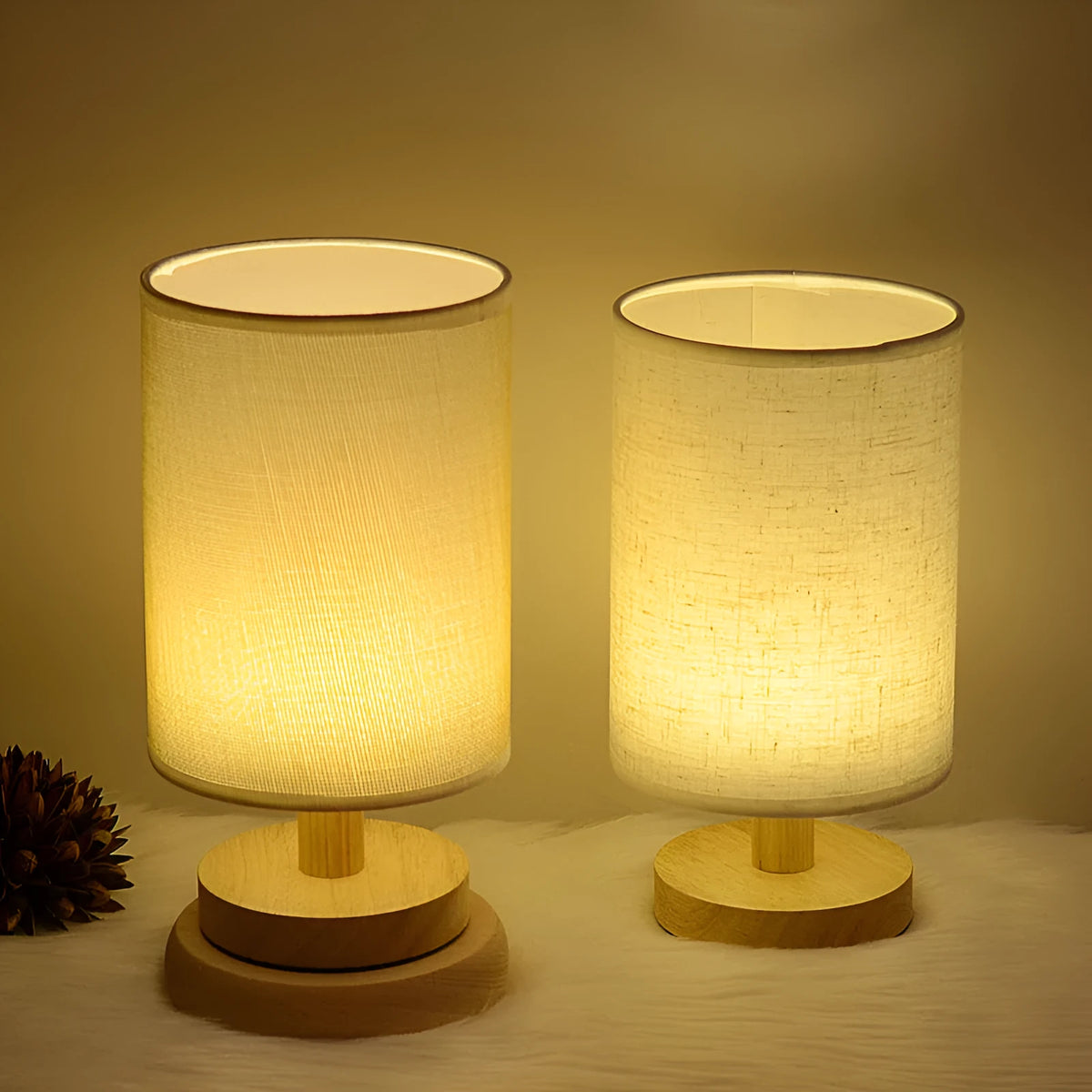 Wooden cloth cover table lamp with solid wood shade, LED light, push button switch, and USB outlet in grey linen or yellow jute.