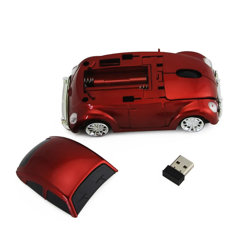 Beetle car shaped wireless optical mouse in black, blue, red or yellow for laptops