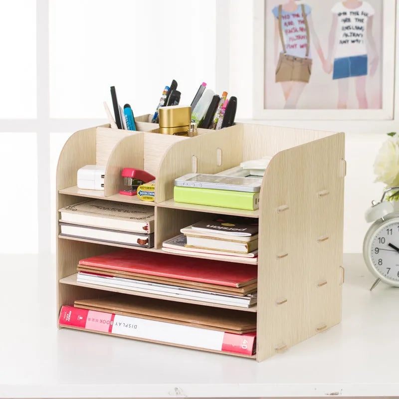 Korean style wooden desk storage box with four floors in brown colour option