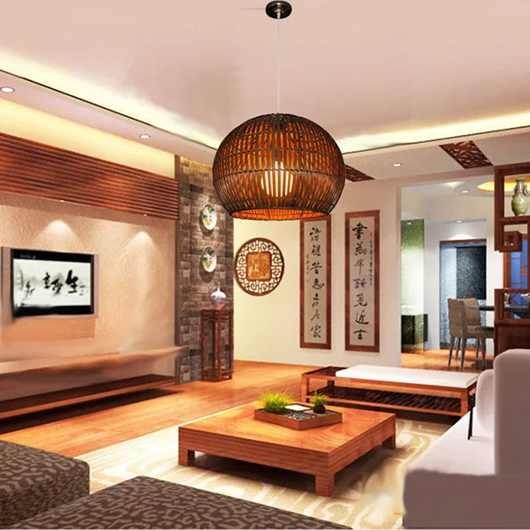 Bamboo art rattan chandelier with natural grass weave, LED light, adjustable height 1.2 metres, Fujimoto colour, 30x25cm size