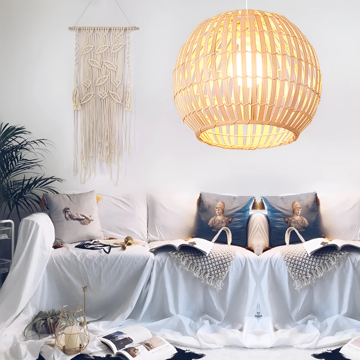 Bamboo art rattan chandelier with natural grass weave, LED light, adjustable height 1.2 metres, Fujimoto colour, 30x25cm size