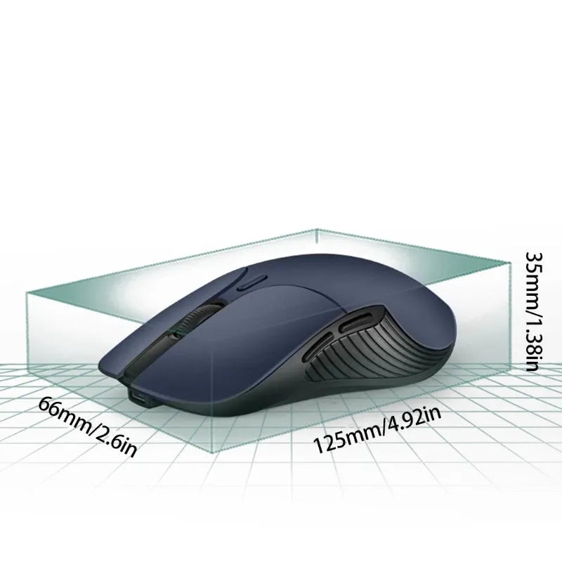 Blue Smart Voice Mouse with translation button on a desk next to a laptop.
