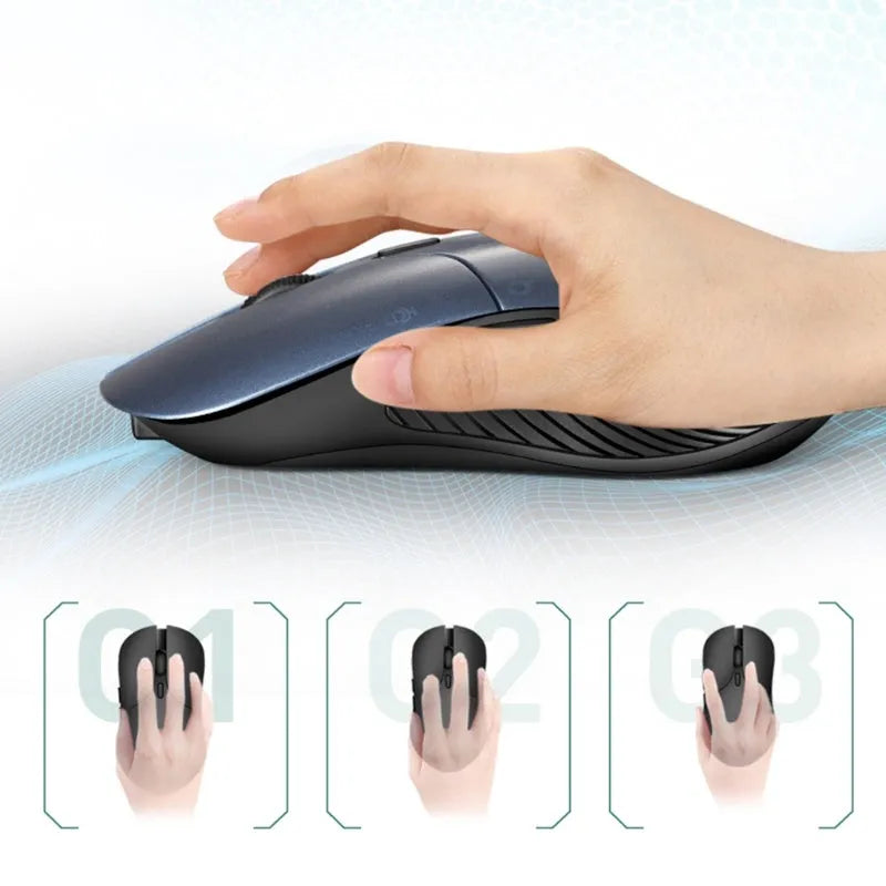 Blue Smart Voice Mouse with translation button on a desk next to a laptop.