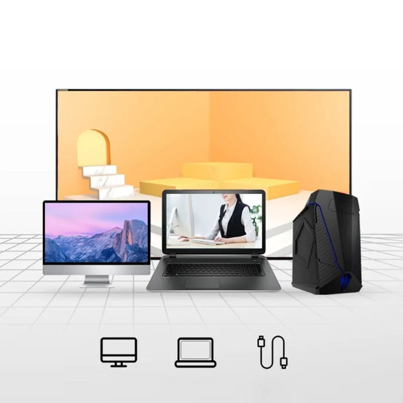 Blue Smart Voice Mouse with translation button on a desk next to a laptop.